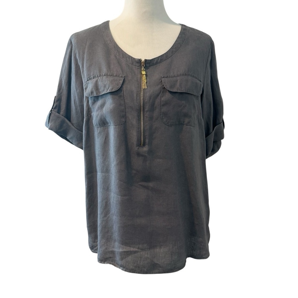 Ellen Tracy Charcoal Linen Blouse with Gold Zipper Accent